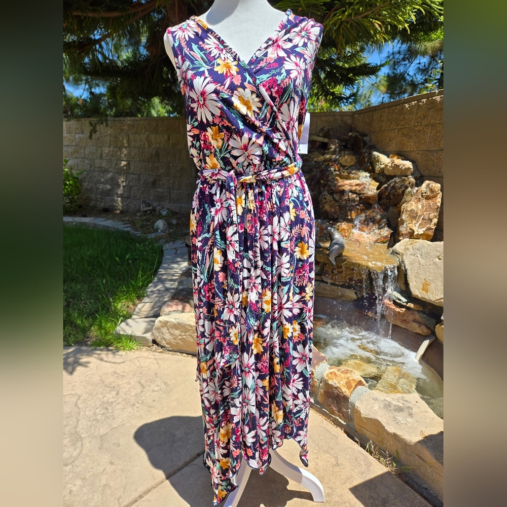 NWT Loveappella Blue Floral Maxi Sundress With Handkerchief Hem